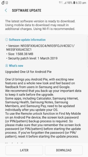 Galaxy Note FE Android Pie