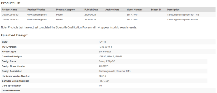 Samsung Galaxy Z Flip 5G SM-F707U AT&T T-Mobile Bluetooth Certification
