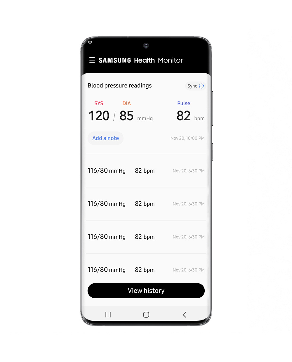 Lịch sử đo huyết áp của Samsung Health App