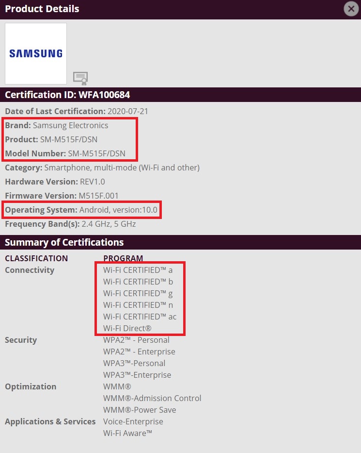 Samsung Galaxy M51 Wi-Fi Certification