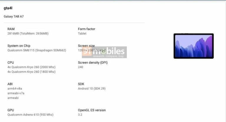 samsung tab a7 2020 specs