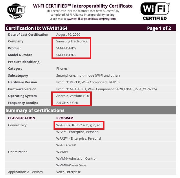 Samsung SM-F415F Foldable Smartphone Wi-Fi Certification