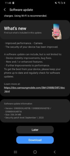 Samsung Galaxy S20 Ultra Software Update September 2020 Security Enhanced Camera