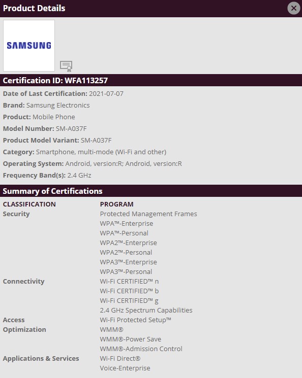 Samsung Galaxy A03s Wi-Fi Alliance Certification