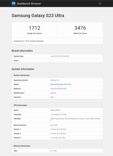 Samsung Galaxy S23 Ultra Android 14 Une Interface Utilisateur 6.0 Geekbench