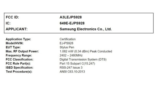 Samsung Galaxy S24 Ultra S Pen FCC Certification RF Power