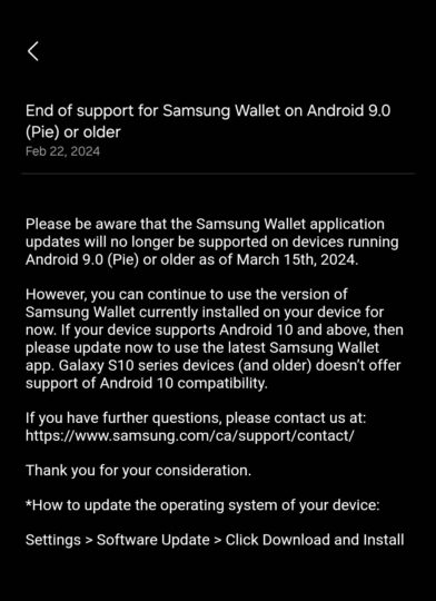 Samsung Wallet Support End Android 9 Pie Announcement