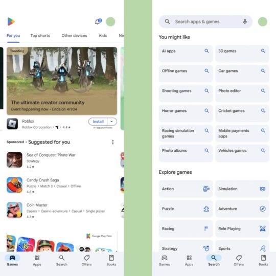 Google Play Store Search Bottom Bar Test March 2024