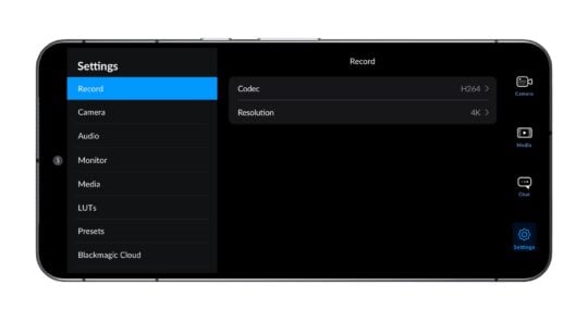 Blackmagic Camera Android App Settings Tab