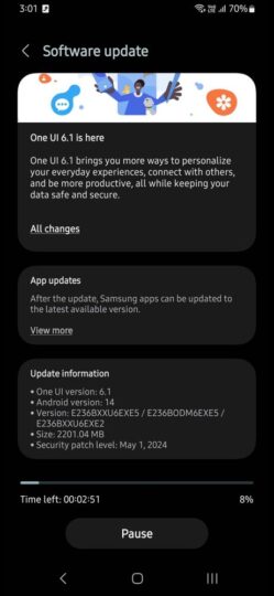 Registro de cambios de actualización del Samsung Galaxy F23 5G One UI 6.1 en India