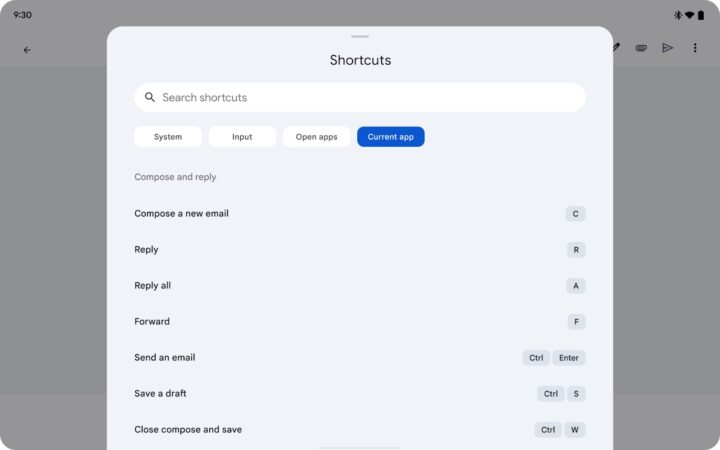 Gmail Android Keyboard Shortcuts List Tablets Foldable Devices