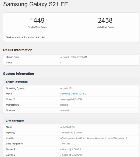 Galaxy S21 FE Android 15 benchmark