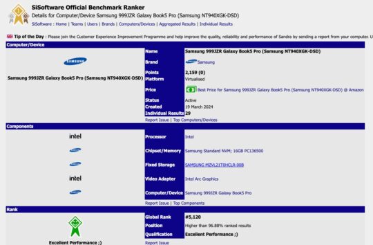 Samsung Galaxy Book 5 Pro Specifications Leak SiSoftware Benchmark