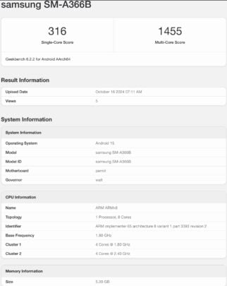 Samsung Galaxy A36 Geek Bench