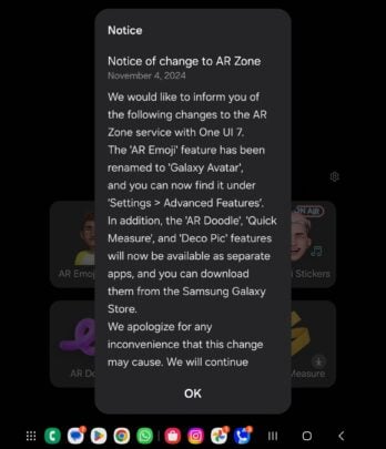 AR Zone Galaxy Avatar One UI 7.0 Notice