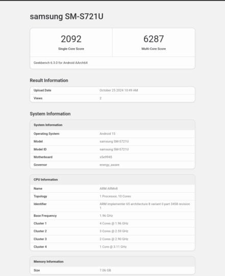 Galaxy S24 FE Android 15 One UI 7 benchmark