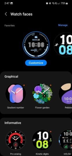 A screenshot showing the old Watch Faces menu