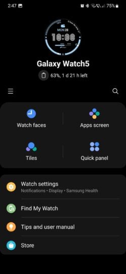 A screenshot showing the old Galaxy Wearable home screen