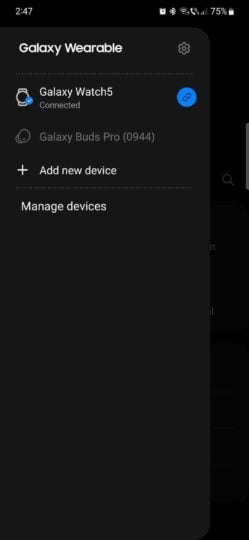 A screenshot showing the old Galaxy Wearable app hamburger menu