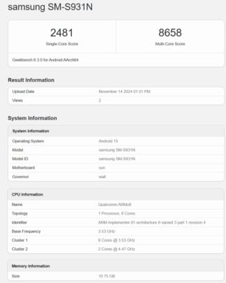 Samsung Galaxy S25 12GB RAM Geekbench Korea