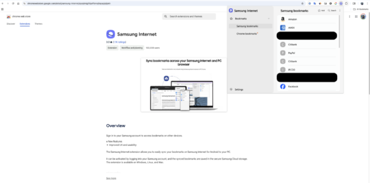 Samsung Internet Bookmarks Chrome Extension