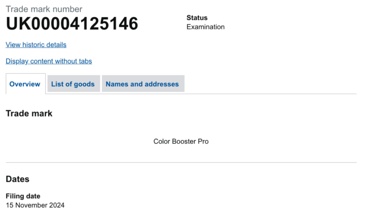 A screenshot of the trademark application for Color Booster Pro