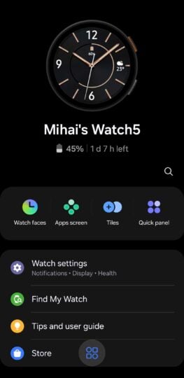 A screenshot showing the new Galaxy Wearable home screen