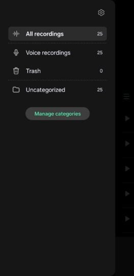 A screenshot of the hamburger menu inside Samsung Voice Recorder.