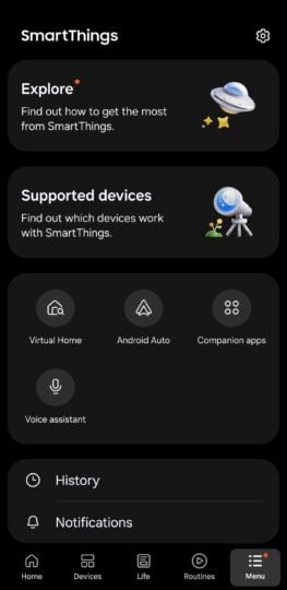 A screenshot of the full-screen menu in SmartThings.