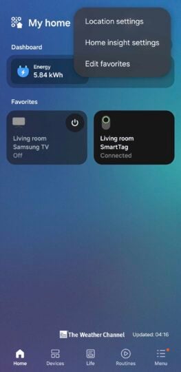 A screenshot of the pop-up three-dot pop-up menu in SmartThings Home tab.