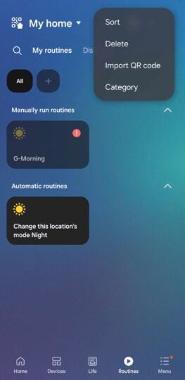 A screenshot of the pop-up three-dot pop-up menu in SmartThings Routines tab.