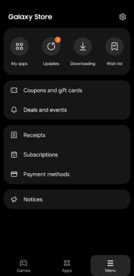 A screenshot of the full-screen menu in Galaxy Store app.