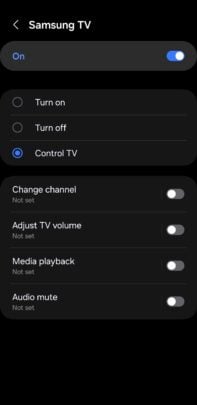 A screenshots of the available "Then" conditional effects for smart TVs in Modes and Routines 1/2.