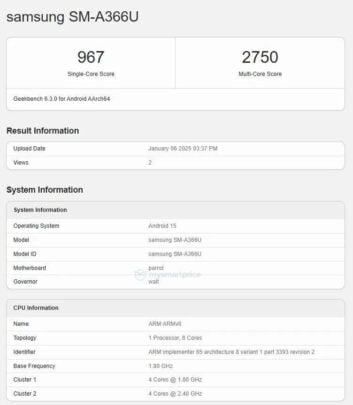 Samsung Galaxy A36 USA Carrier Locked Variant Geekbench Database Score