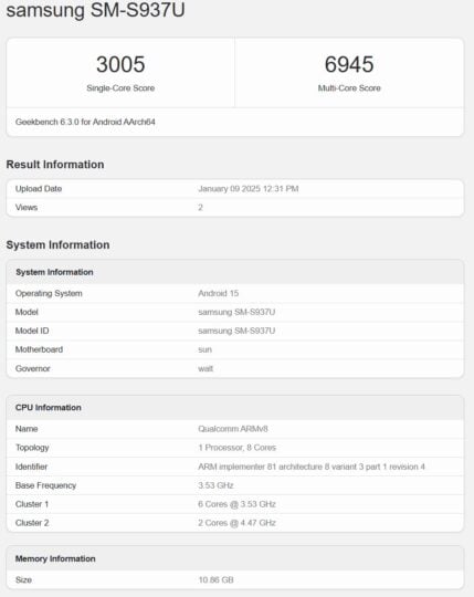 Samsung Galaxy S25 Slim Geekbench (SM-S937U)