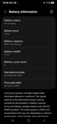 Samsung Galaxy S25 Ultra One UI 7.0 Battery Health Cycle Count