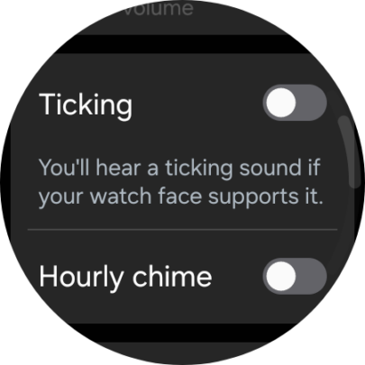 A screenshot detailing the steps required for enabling ticking sounds on a Galaxy Watch (3/4).