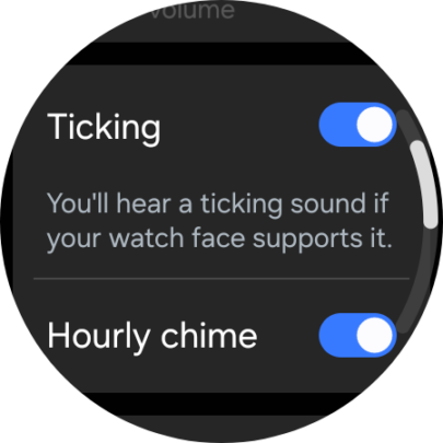 A screenshot detailing the steps required for enabling ticking sounds on a Galaxy Watch (4/4).