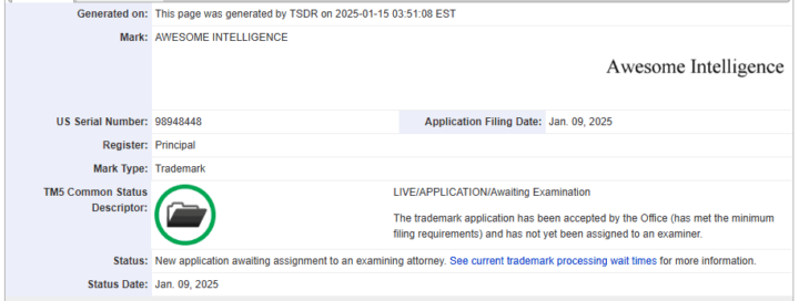 A screenshot of the Awesome Intelligence trademark in the USA.
