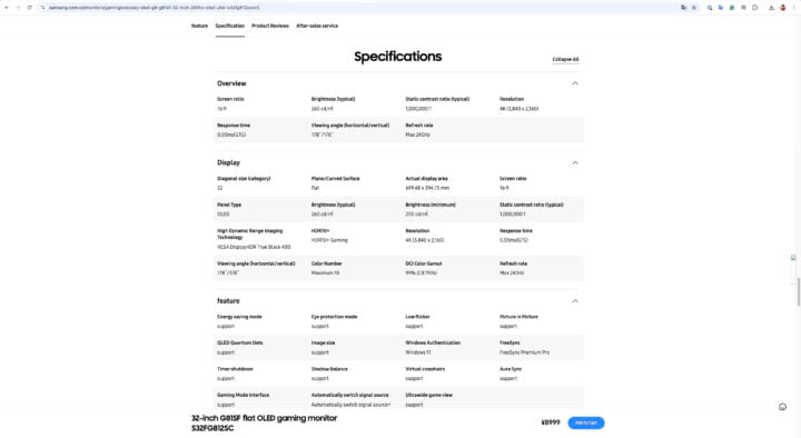 2025 Samsung Odyssey OLED G8 32-inch 32FG812SC Official Specifications (01)