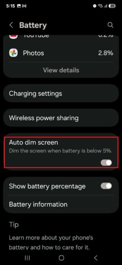 One UI 7 auto screen dim low battery feature