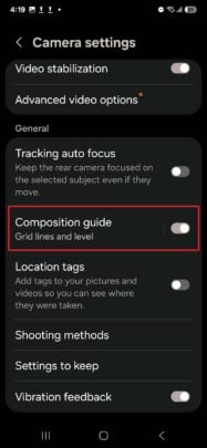 Galaxy S25 settings: Camera composition guide