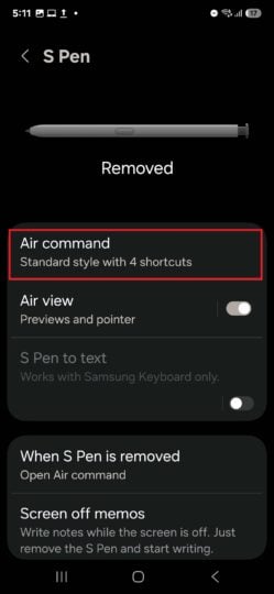 Galaxy S25 settings: Air Command