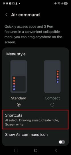 Galaxy S25 settings: Air Command