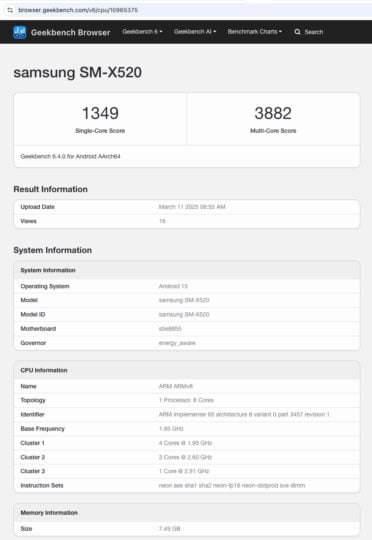 Samsung Galaxy Tab S10 FE Geekbench